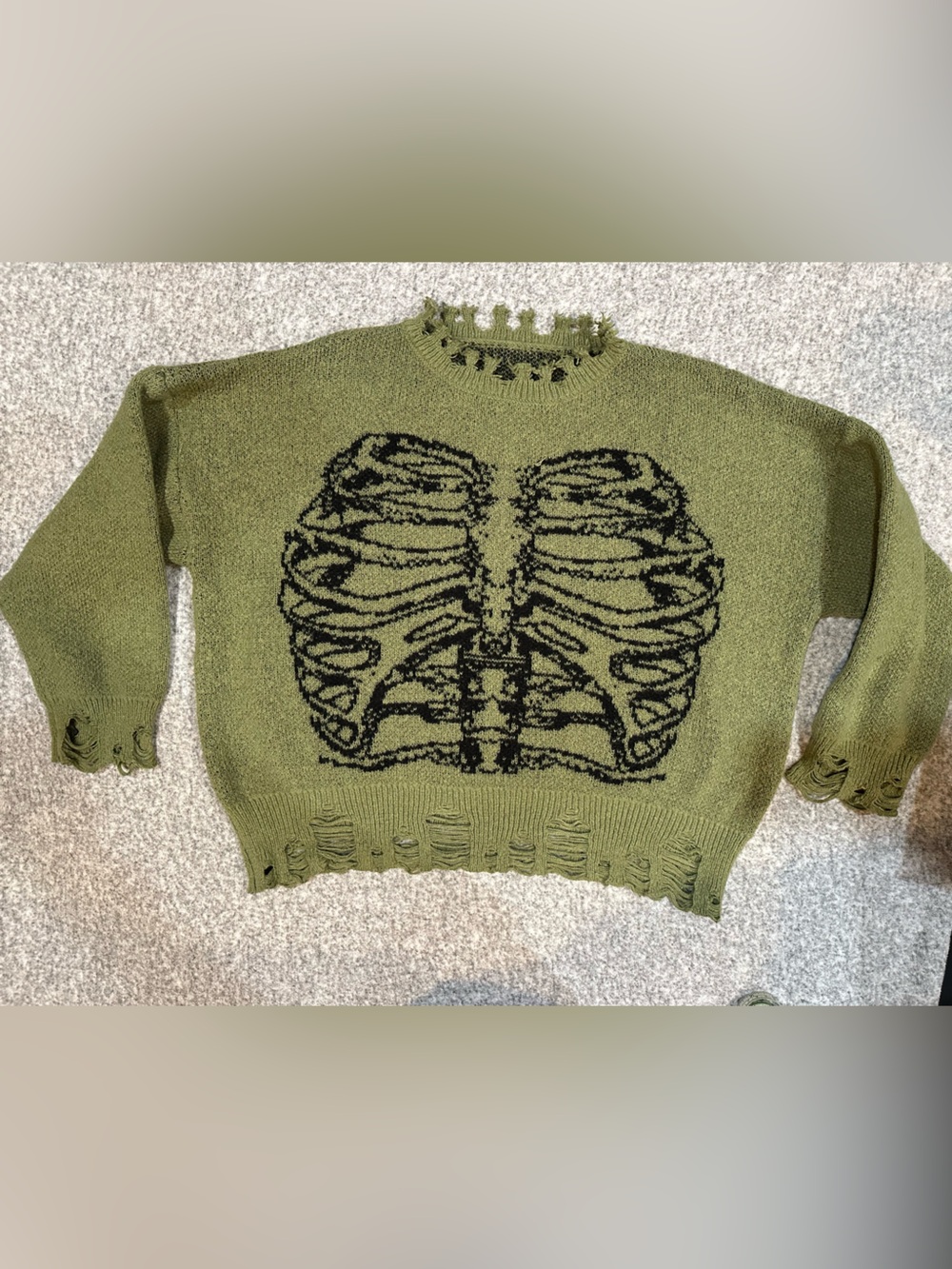 Olive Green Distressed Sweater with Black Ribcage Motif Sz L EUC
